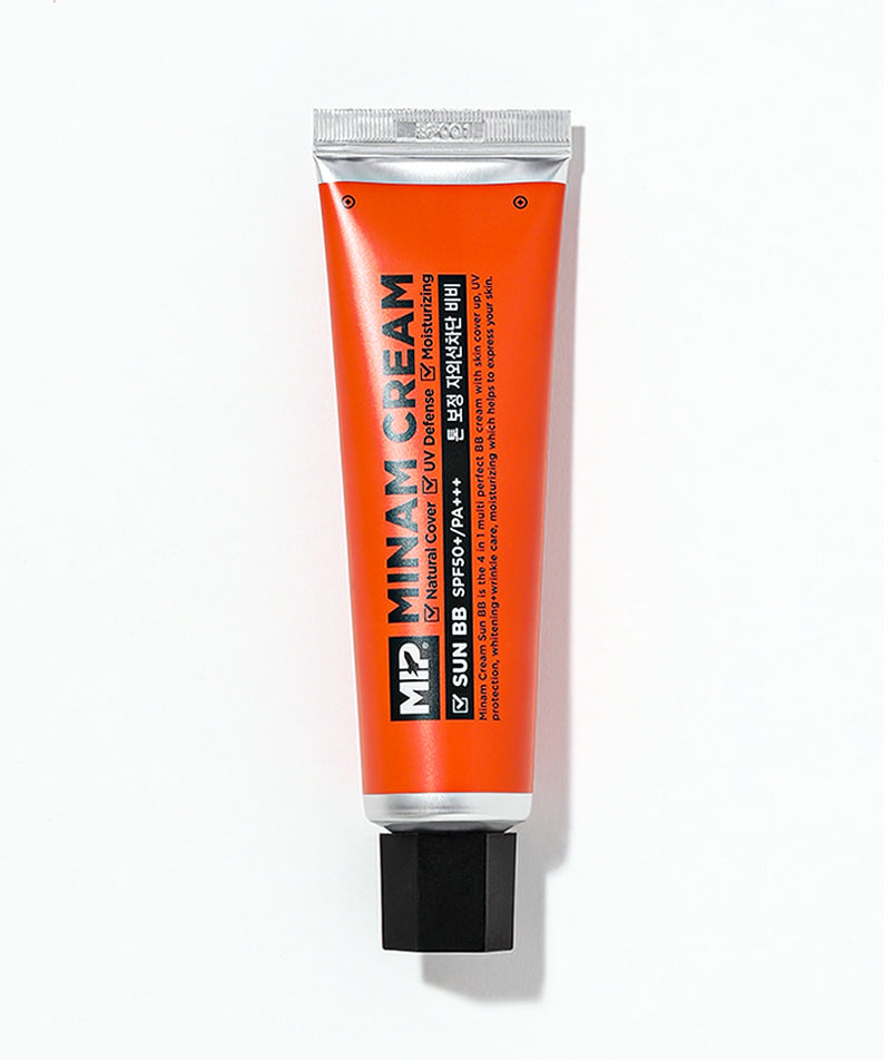 MIP Minam Cream Sun BB SPF50++UV Protetion 50ml de MIP, tube orange sur fond blanc, crème solaire visage BB.