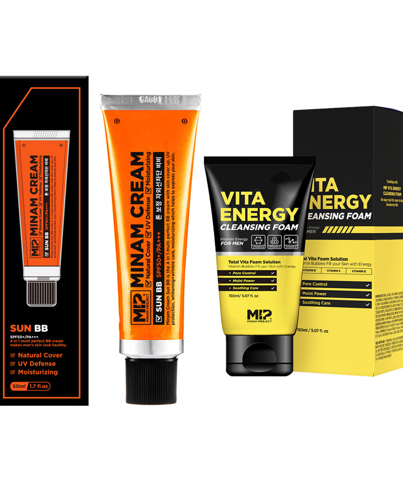 MIP Minam Cream Sun BB + Vita Energy Cleansing Foam Set de MIP, sur fond blanc, produits cosmétiques en pack.