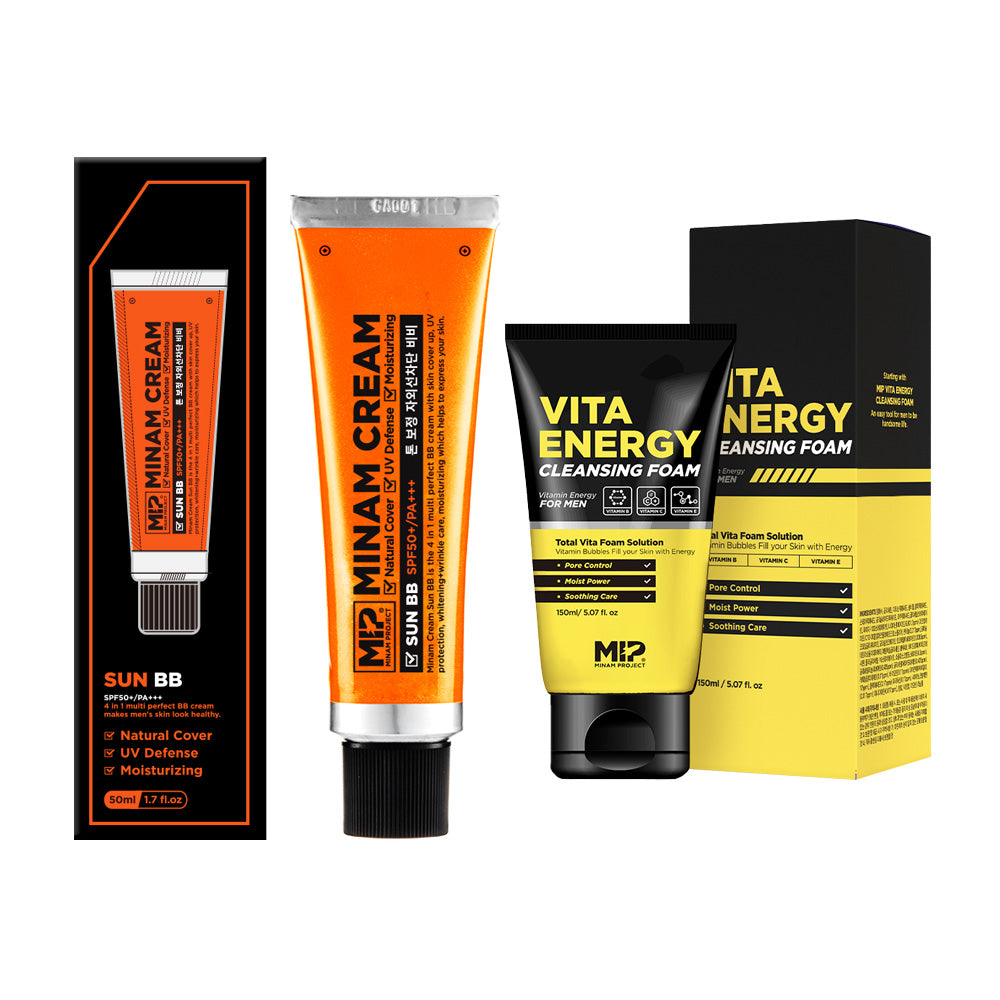 MIP Minam Cream Sun BB + Vita Energy Cleansing Foam Set de MIP, sur fond blanc, produits cosmétiques en pack.
