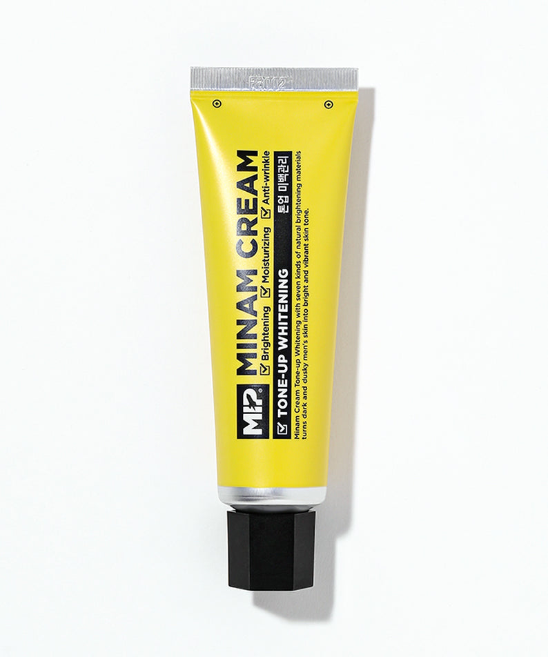 MIP Minam Cream Tone-Up Whitening Cream 50ml, tube jaune de la marque MIP sur fond blanc (crème éclaircissante)