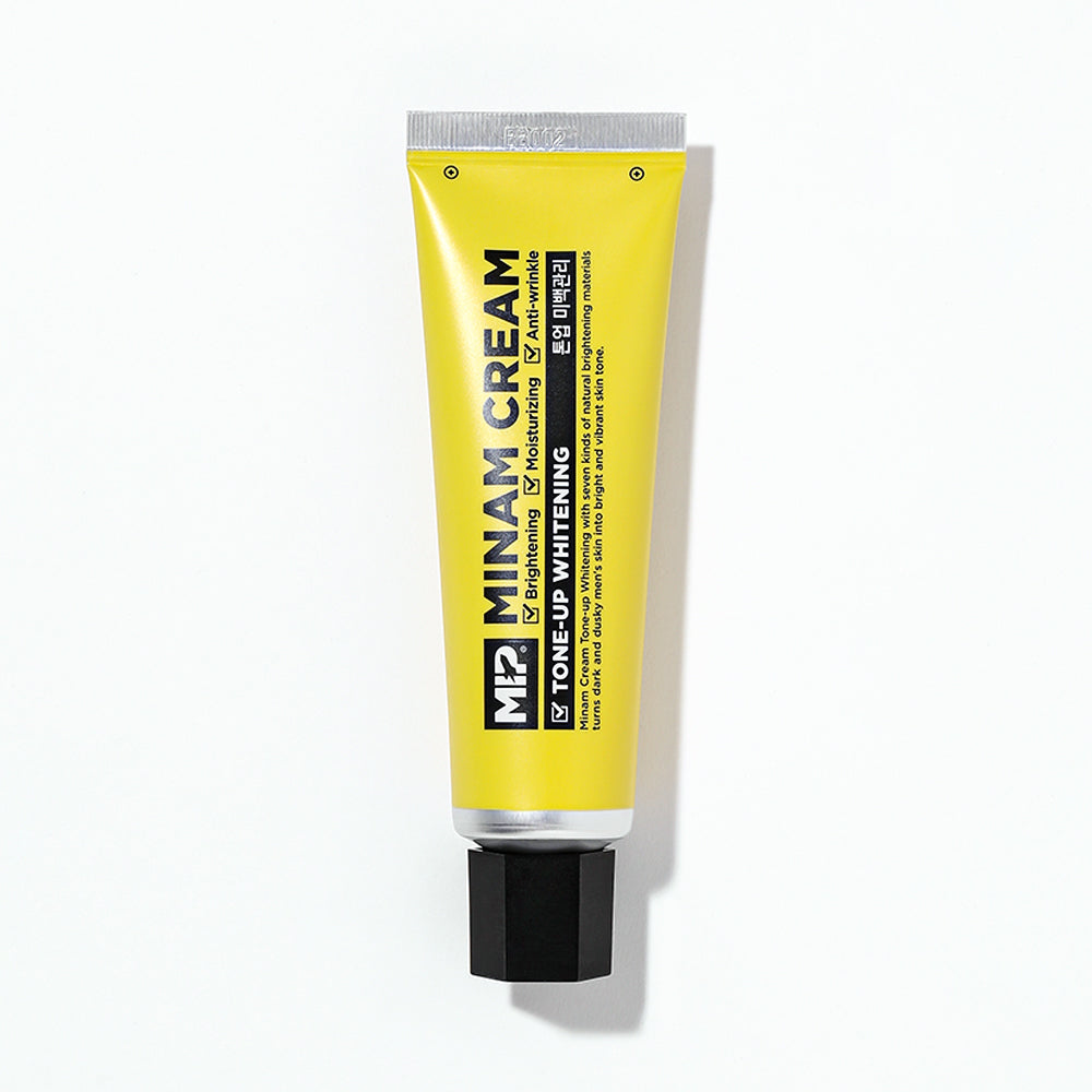 MIP Minam Cream Tone-Up Whitening Cream 50ml, tube jaune de la marque MIP sur fond blanc (crème éclaircissante)
