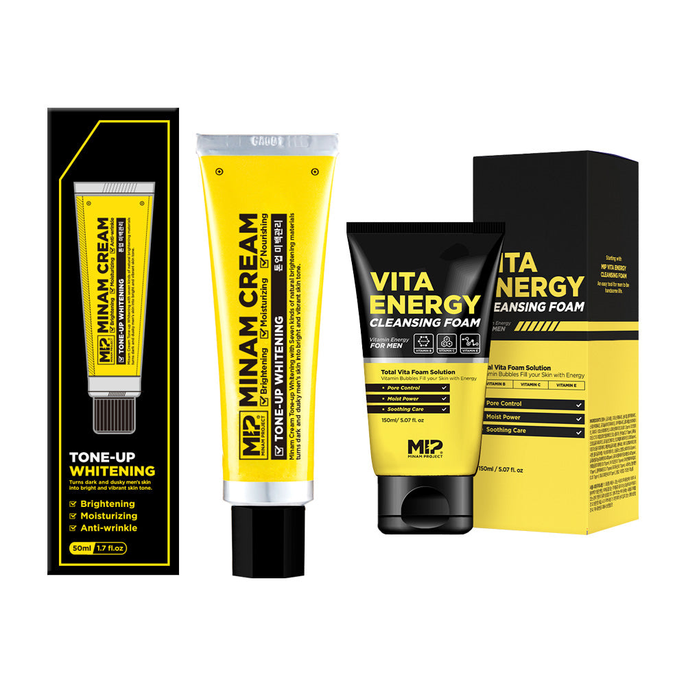 Décris l'image en français en mentionnant le produit, la marque et le contexte visuel. MIP Minam Cream Tone-up Whitening + Vita Energy Foam Cleansing