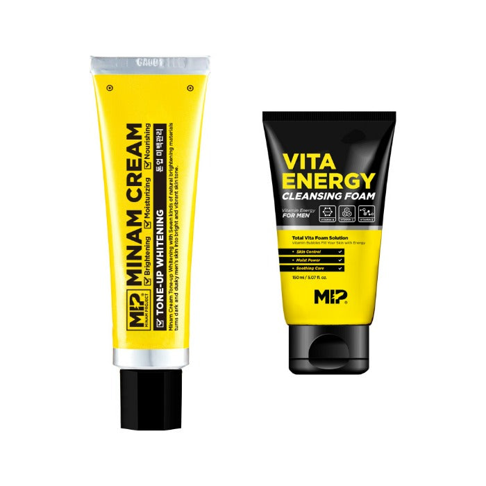 MIP Minam Cream Tone-up Whitening + Vita Energy Foam Cleansing de MIP, sur fond clair, tubes crème et mousse