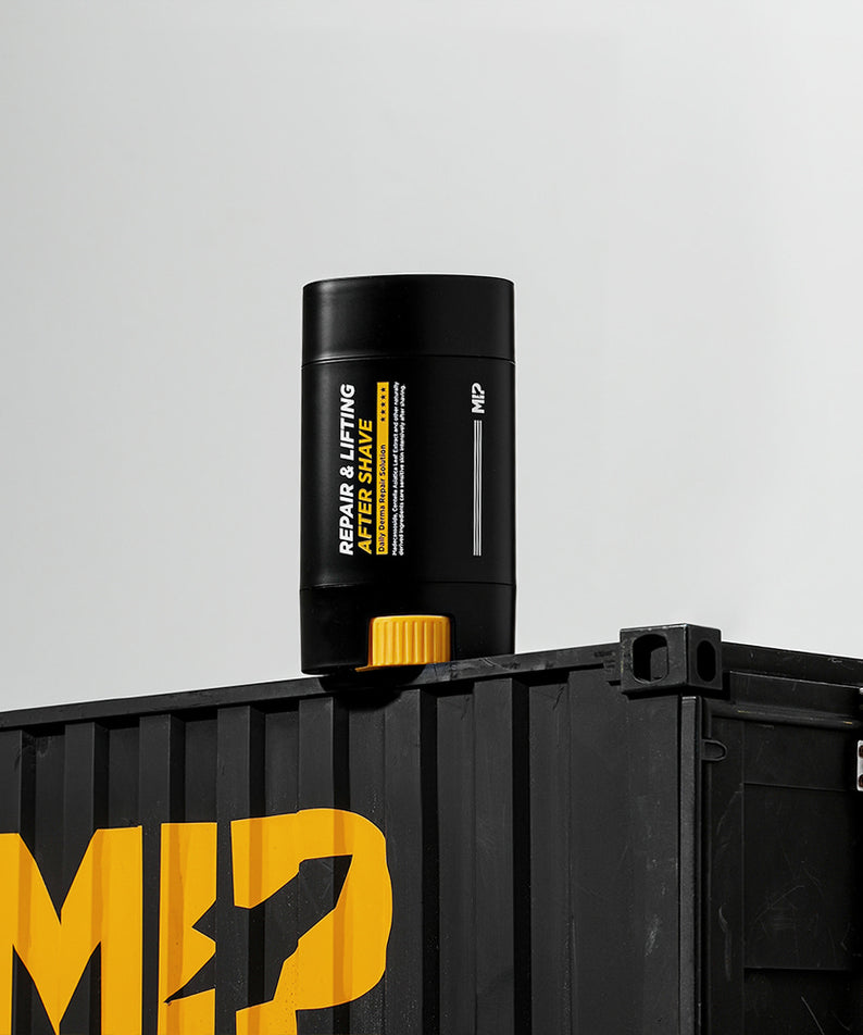 MIP Repair & Lifting Trouble Soothing Aftershave 65g : flacon noir sur packaging jaune, fond blanc, vue produit