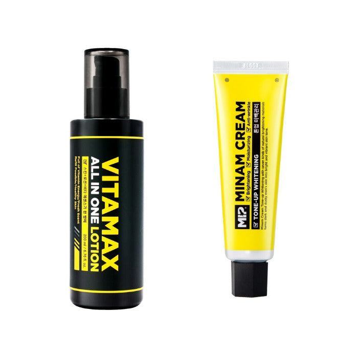 MIP Vitamax All-in-One Lotion + Minam Cream Tone-Up Whitening Set de la marque MIP, lotions et crème sur fond blanc.