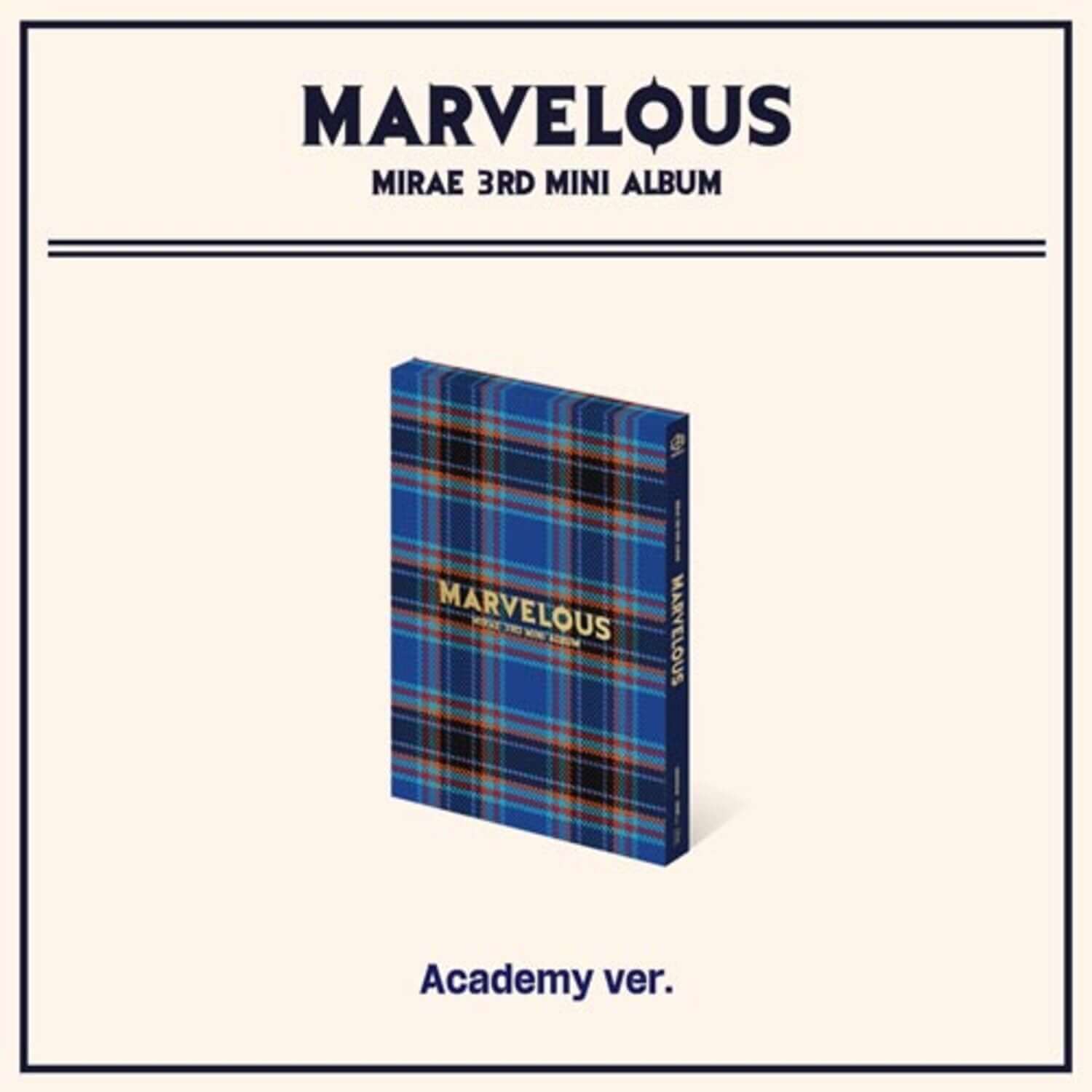 MIRAE - 3rd Mini Album [Marvelous] (Academy ver.) - Album Kpop : pochette bleue à carreaux sur fond clair.