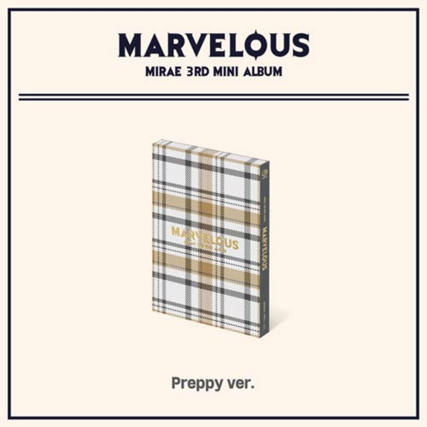 MIRAE - 3rd Mini Album [Marvelous] (Preppy ver.) - Album Kpop, pochette illustrée à carreaux, brand MARVELous en arrière-plan