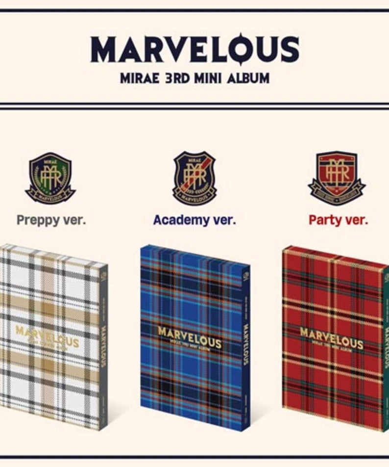 MIRAE - 3rd Mini Album [Marvelous] (SET) - Album Kpop, coffret avec Preppy, Academy et Party, visuel packshot en fond clair.