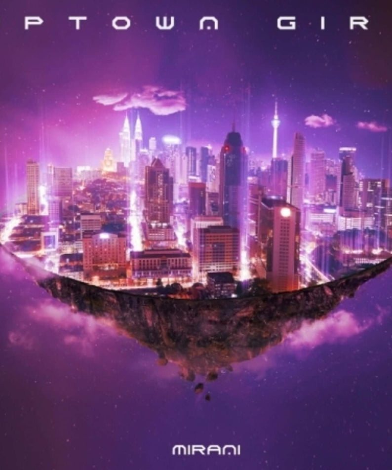 MIRANI - [UPTOWN GIRL] - Album Kpop : ville futuriste violette et paysage urbain sur la couverture du disque.