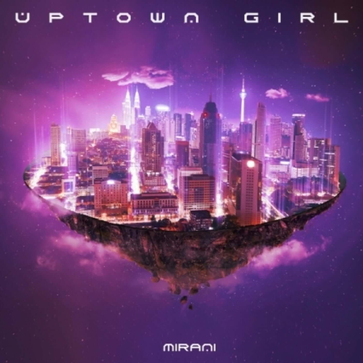 MIRANI - [UPTOWN GIRL] - Album Kpop : ville futuriste violette et paysage urbain sur la couverture du disque.