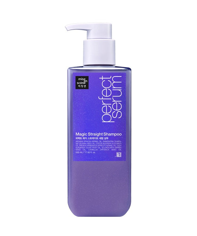 MISE EN SCENE Perfect Magic Straight Serum Shampoo 530ML, flacon pompe violet sur fond blanc, marque MISE EN SCENE