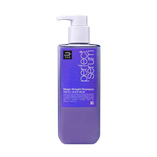 MISE EN SCENE Perfect Magic Straight Serum Shampoo 530ML, flacon pompe violet sur fond blanc, marque MISE EN SCENE