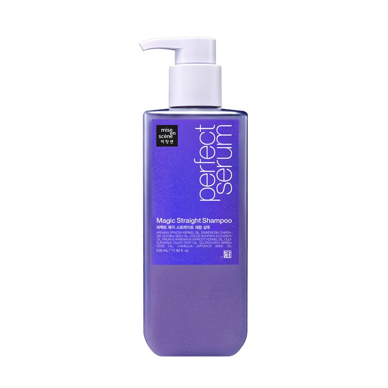 MISE EN SCENE Perfect Magic Straight Serum Shampoo 530ML, flacon pompe violet sur fond blanc, marque MISE EN SCENE
