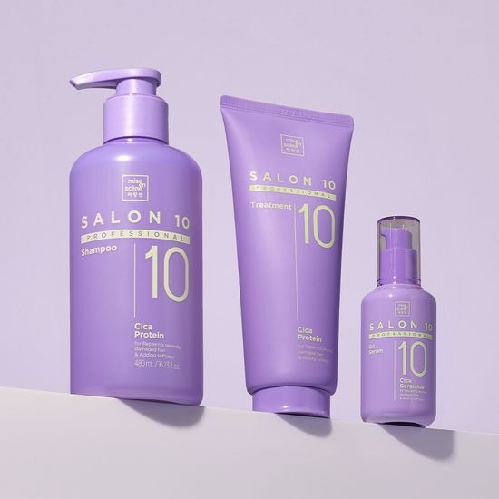 MISE EN SCENE Salon 10 Professional Cica Protein Shampoo 480ML, flacon et tube violets sur fond lilas, marque Salon 10.