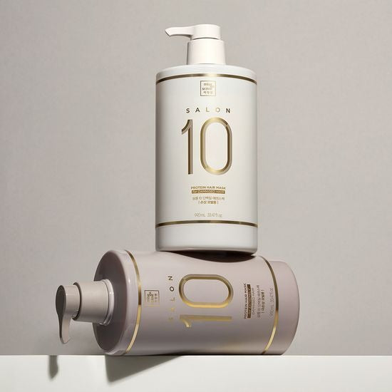 MISE EN SCENE Salon 10 Protein Treatment Essence Pack 990ML, flacons de marque sur fond clair, contexte soins capillaires.