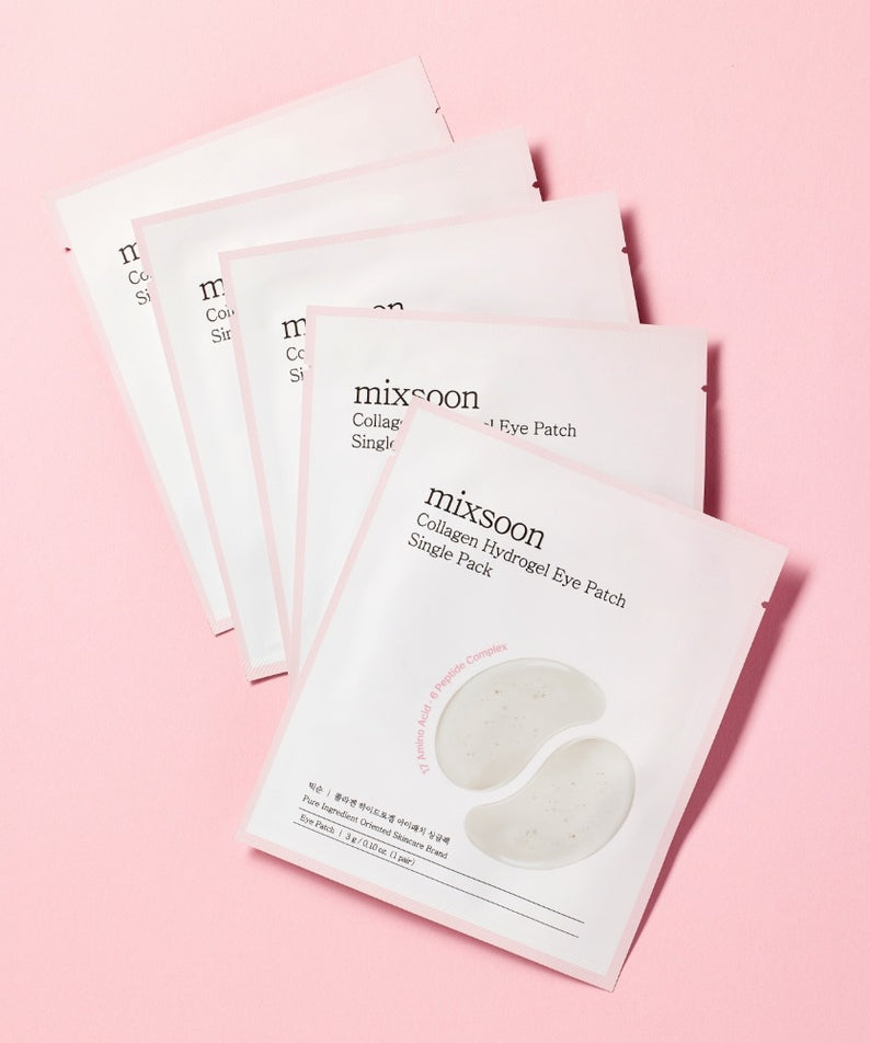 MIXSOON Collagen Hydrogel Eye Patch Single Pack 5 Sheets : sachets en visuel sur fond rose, patchs hydrogel pour les yeux.