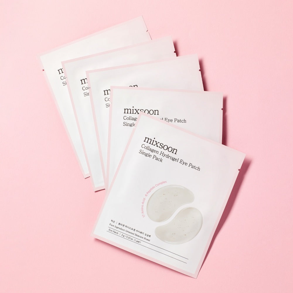 MIXSOON Collagen Hydrogel Eye Patch Single Pack 5 Sheets : sachets en visuel sur fond rose, patchs hydrogel pour les yeux.