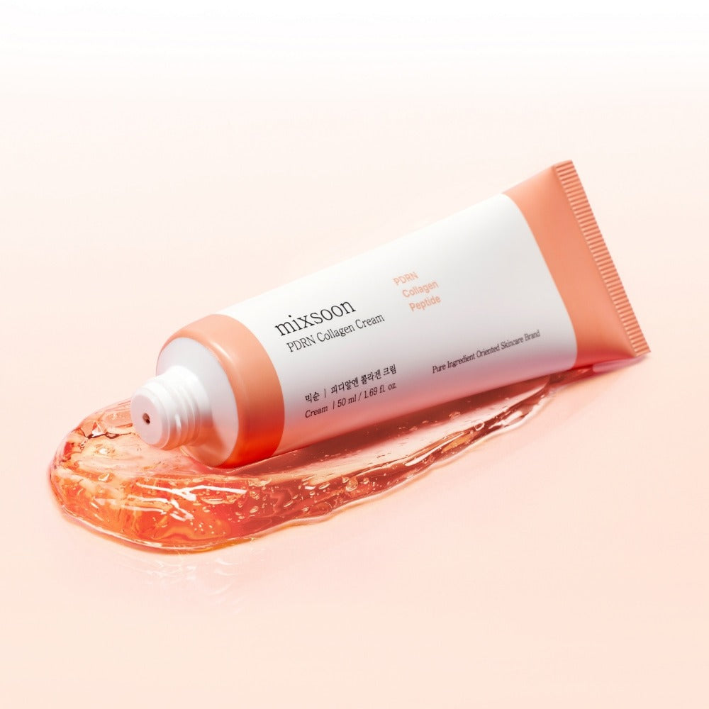 MIXSOON PDRN Collagen Cream 50ml, tube à la texture crème sur fond clair, marque MIXSOON, contexte beauté