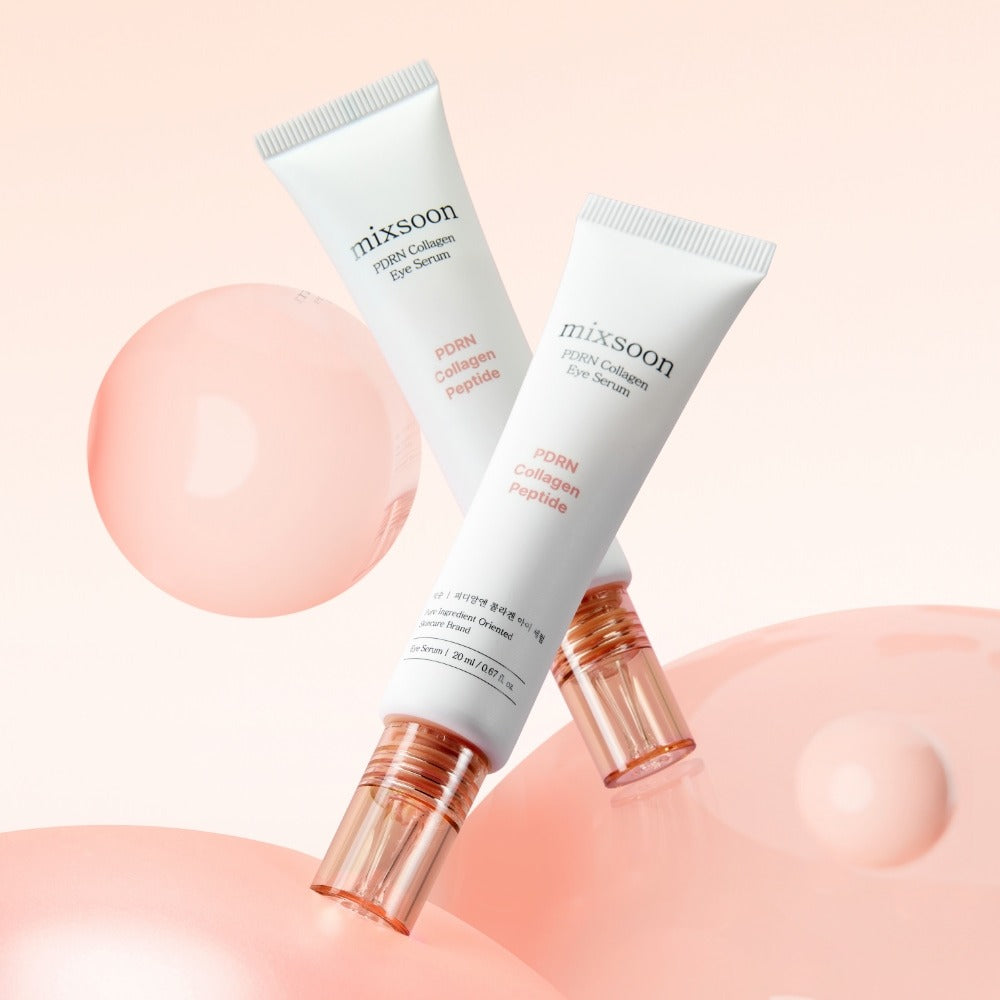Décris l'image en français : MIXSOON PDRN Collagen Eye Serum 20ml, tubes sur fond pastel, bulles effet apaisant.