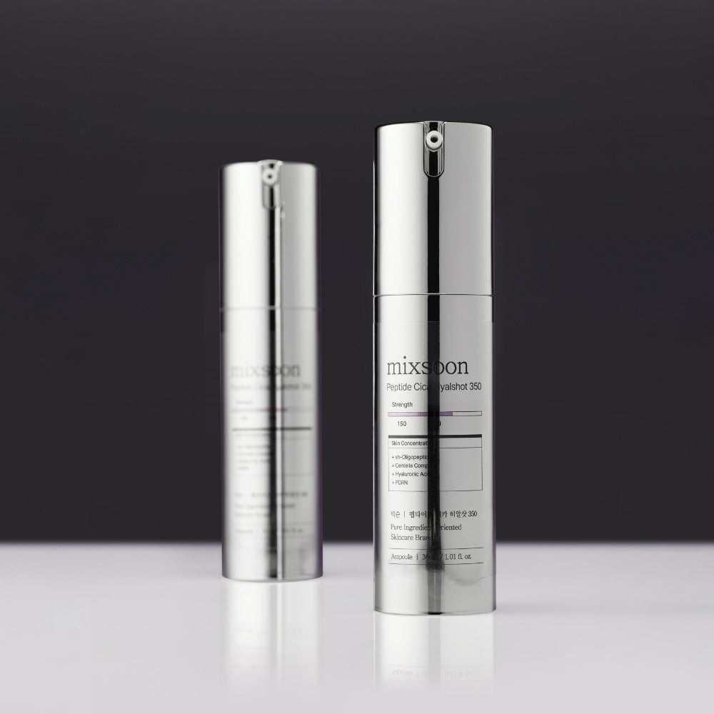 MIXSOON Peptide Cica Hyal Shot 350 30ml, flacons blanc argent sur fond sombre, style cosmétique studio.
