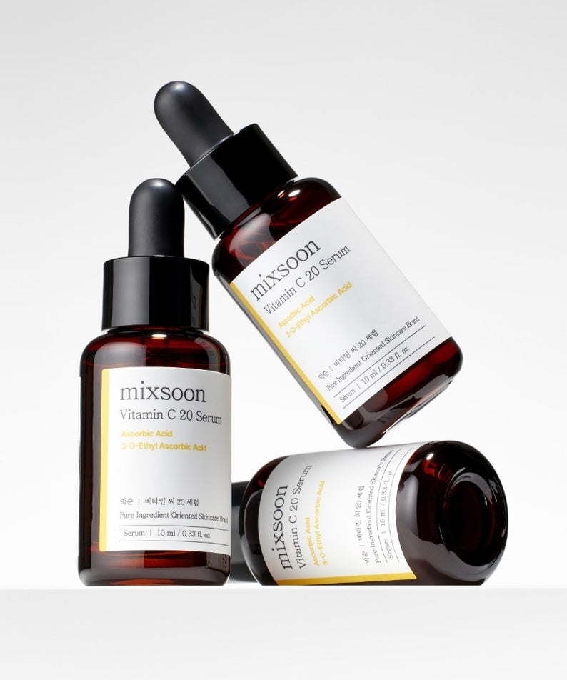 MIXSOON Vitamin C 20 Serum 10ml : sérum vitamine C sur fond clair, bouteilles ambre, marque MIXSOON