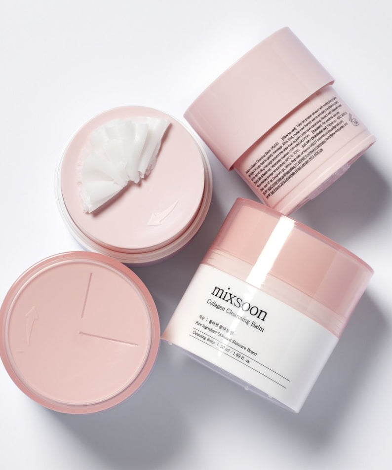 MIXSOON Collagen Cleansing Balm 50ml en pots roses ouverts pour le soin du visage, produit nettoyant efficace en format compact.