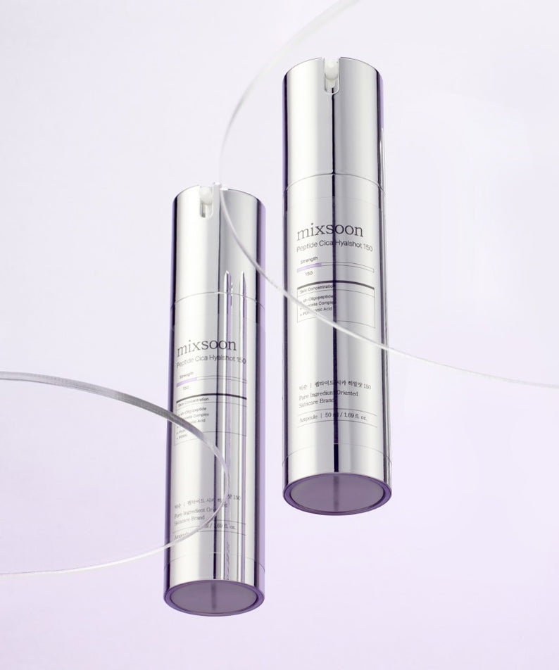 Produits cosmétiques MIXSOON Peptide Cica Hyal Shot 150 50ml, deux flacons argentés élégants sur fond blanc