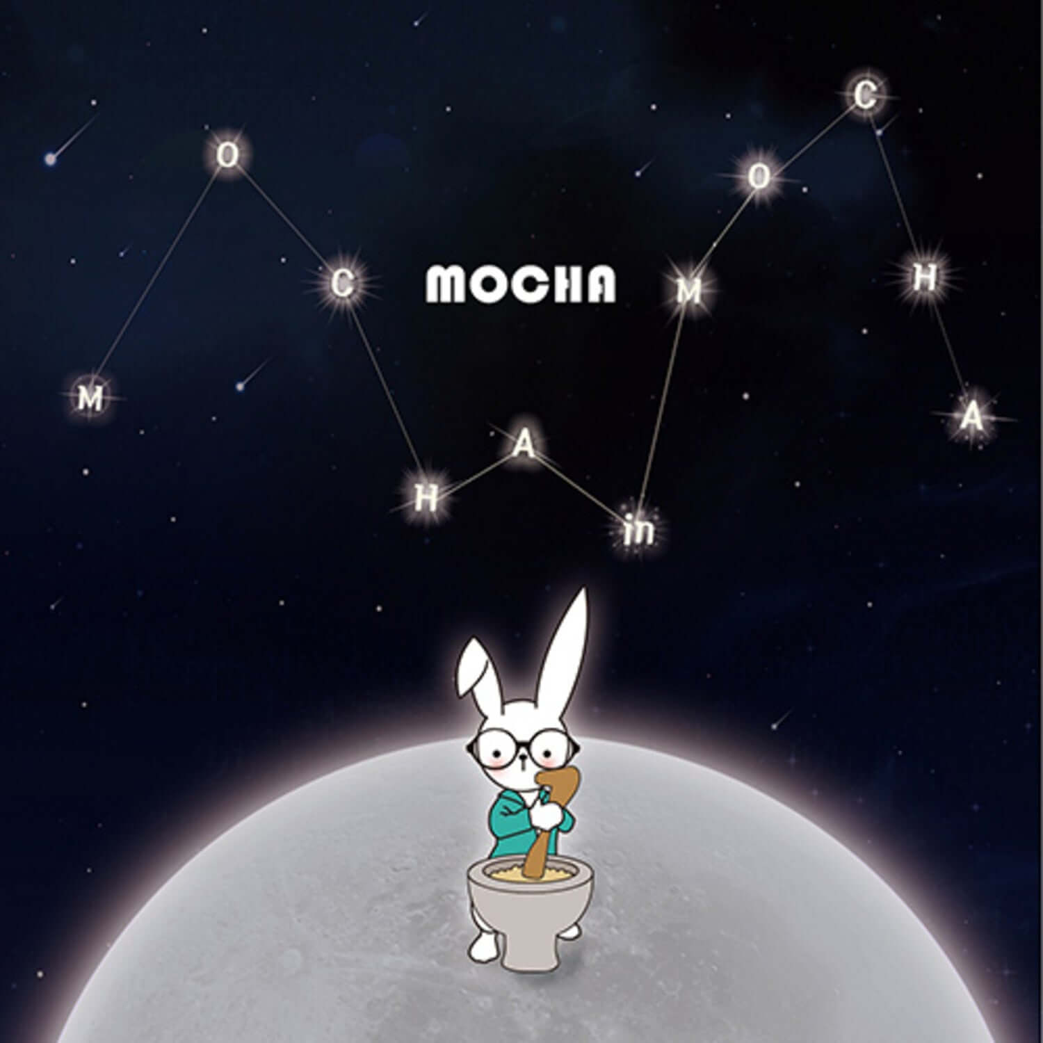 MOKA - [MOCHA IN MOCHA] - Album Kpop : couverture avec lapin mignon sur lune, étoiles et constellation, style Kpop.