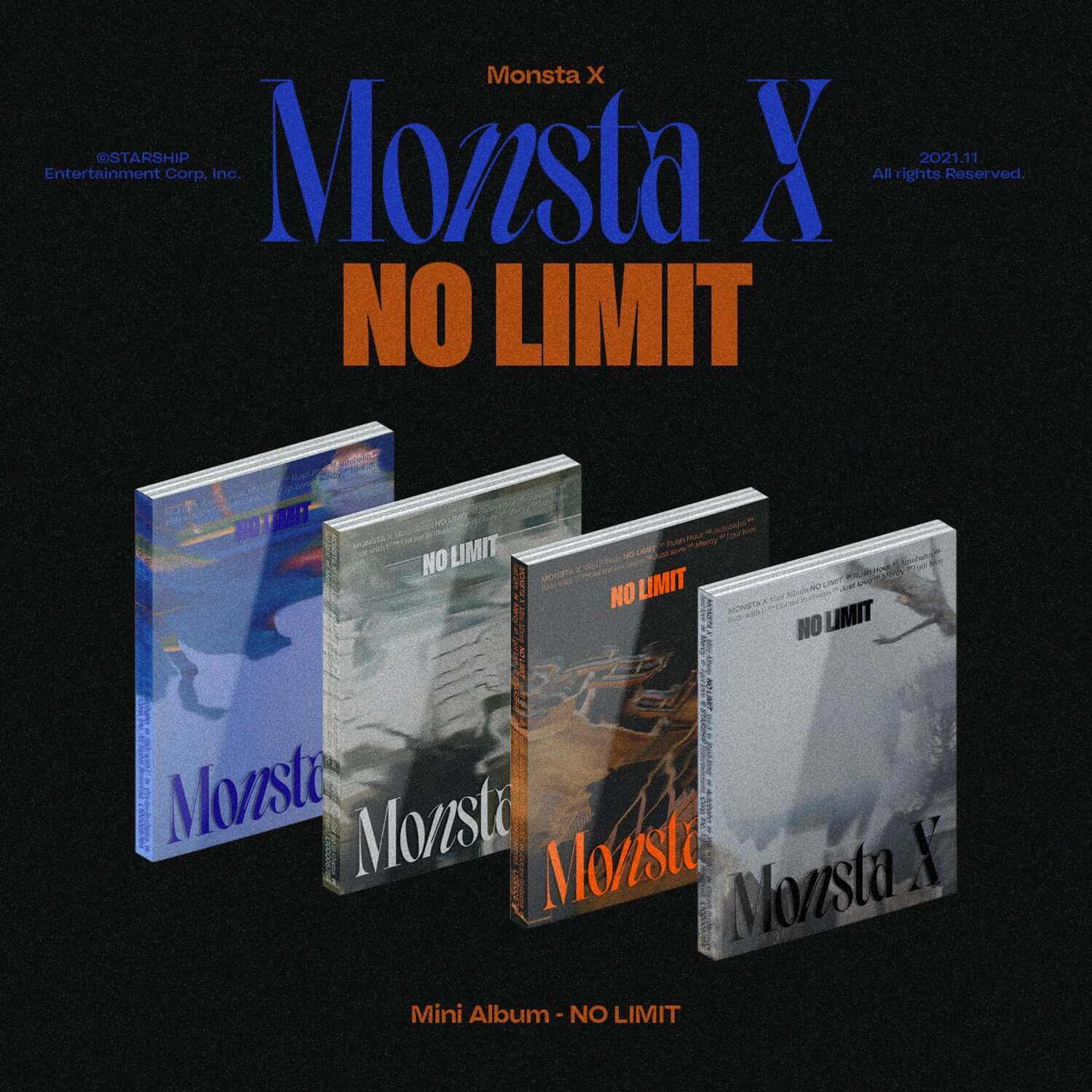 MONSTA X - 10th Album [NO LIMIT] (4 Random) - Album Kpop : mini-albums sur fond noir, visuels monochromes, marque MONSTA X
