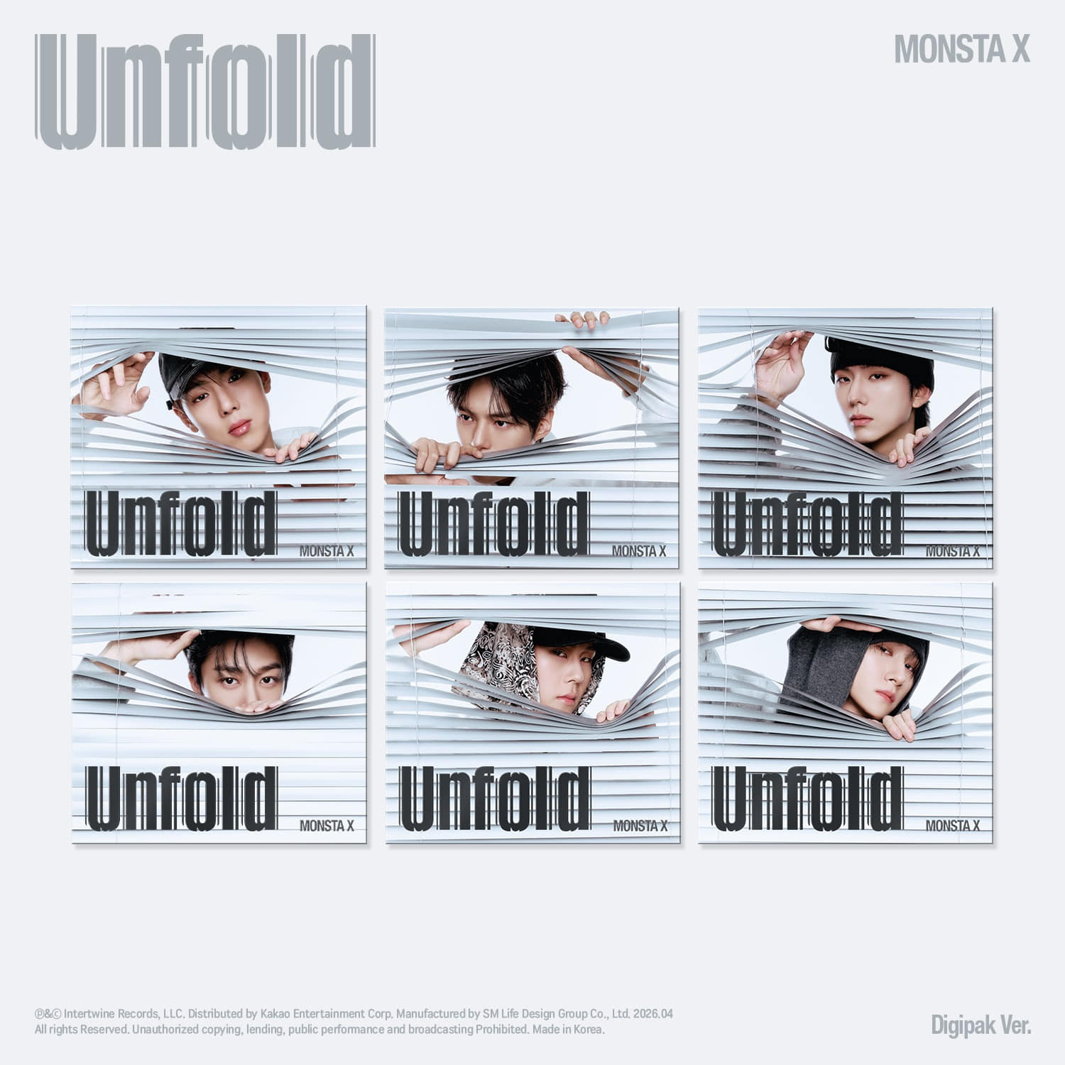 MONSTA X - [Unfold] (DIGIPACK VER.) (6 Random) - Album Kpop : digipack avec 6 photos du groupe, style Unfold rayé, fond clair.