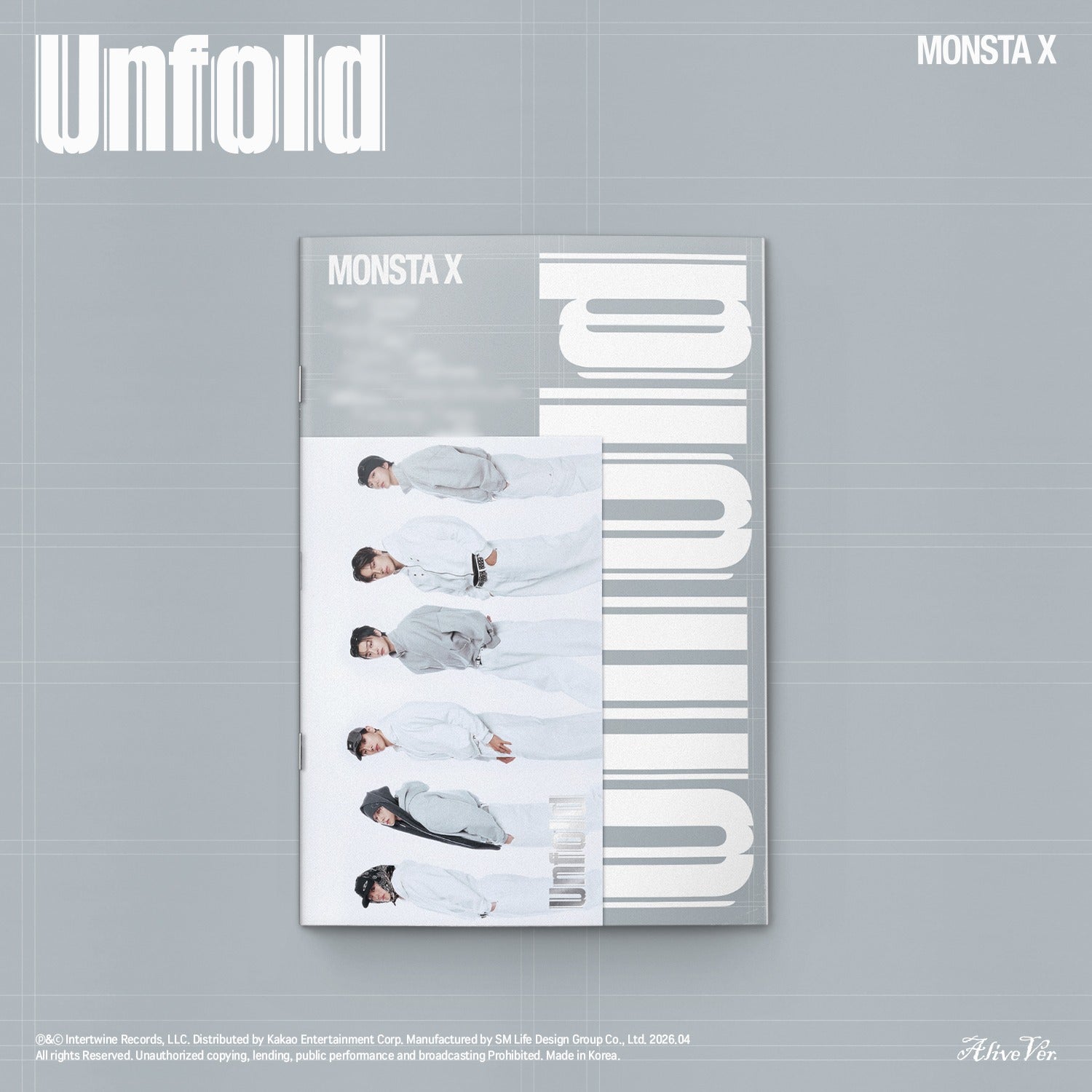 MONSTA X - [Unfold] Standard (Alive Ver. ) - Album Kpop, couverture “Unfold” grise avec photos des membres en visuel fan