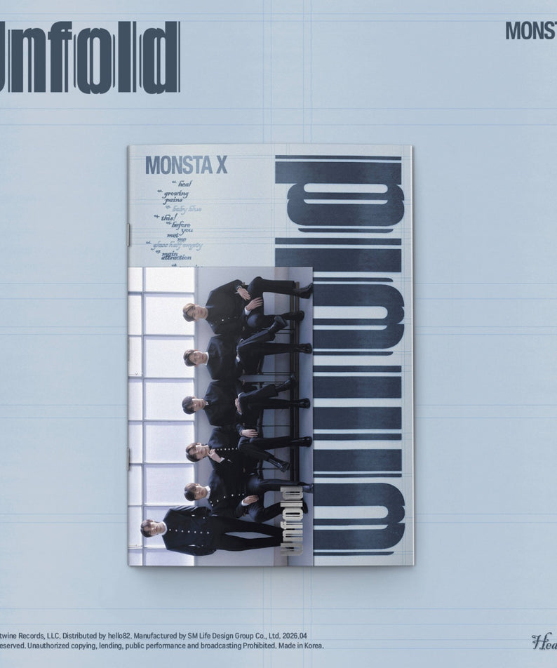 MONSTA X - [Unfold] Standard (Heal Ver.) - Album Kpop : pochette bleue « Unfold » sur fond ciel, style graphique.