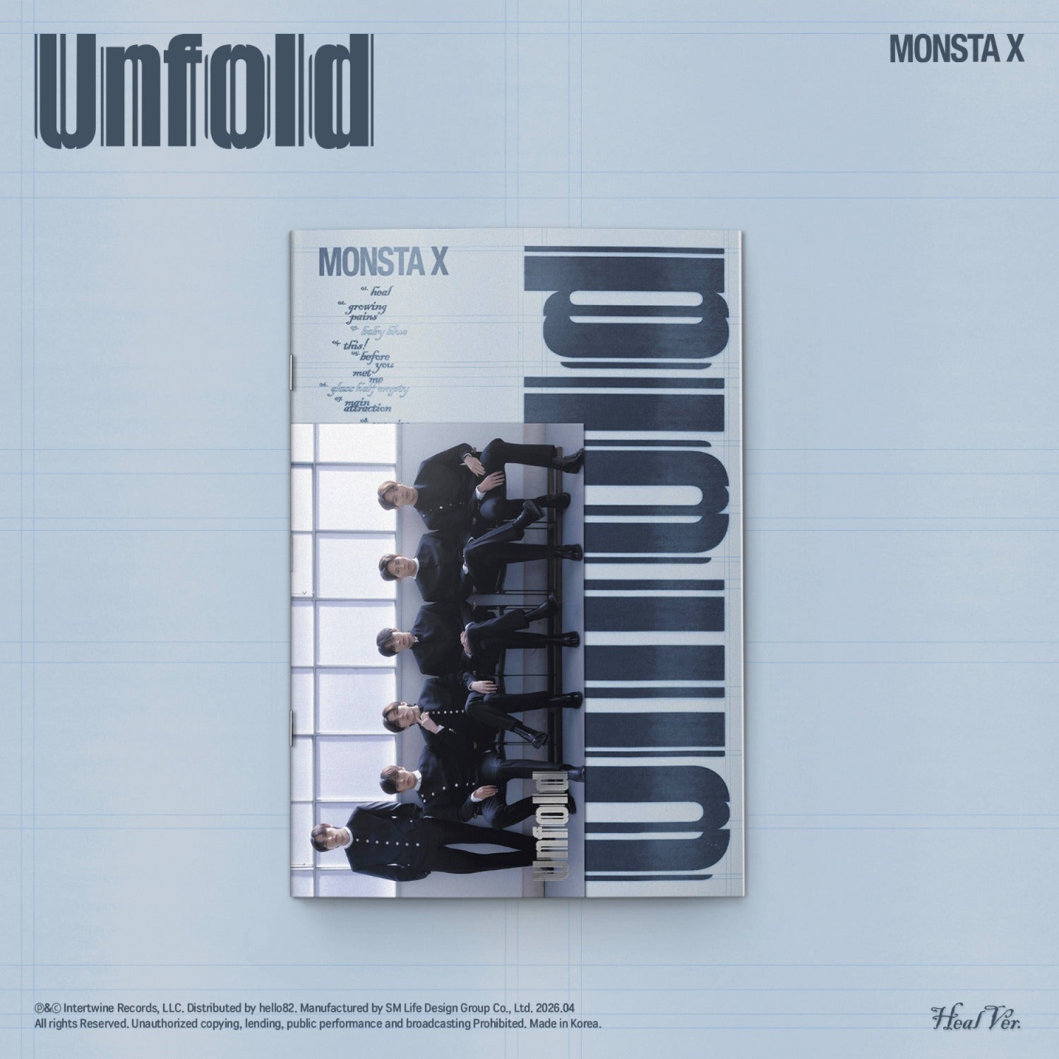MONSTA X - [Unfold] Standard (Heal Ver.) - Album Kpop : pochette bleue « Unfold » sur fond ciel, style graphique.