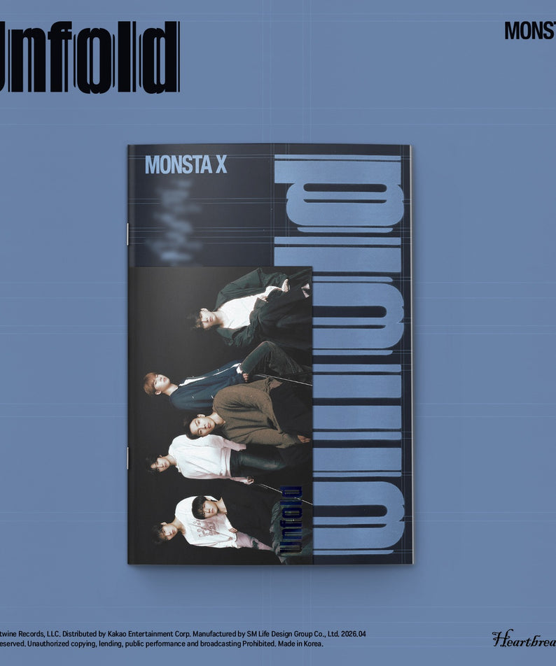 MONSTA X - [Unfold] Standard (Heartbreak Ver.) - Album Kpop, pochette illustrée sur fond bleu avec membres du groupe.