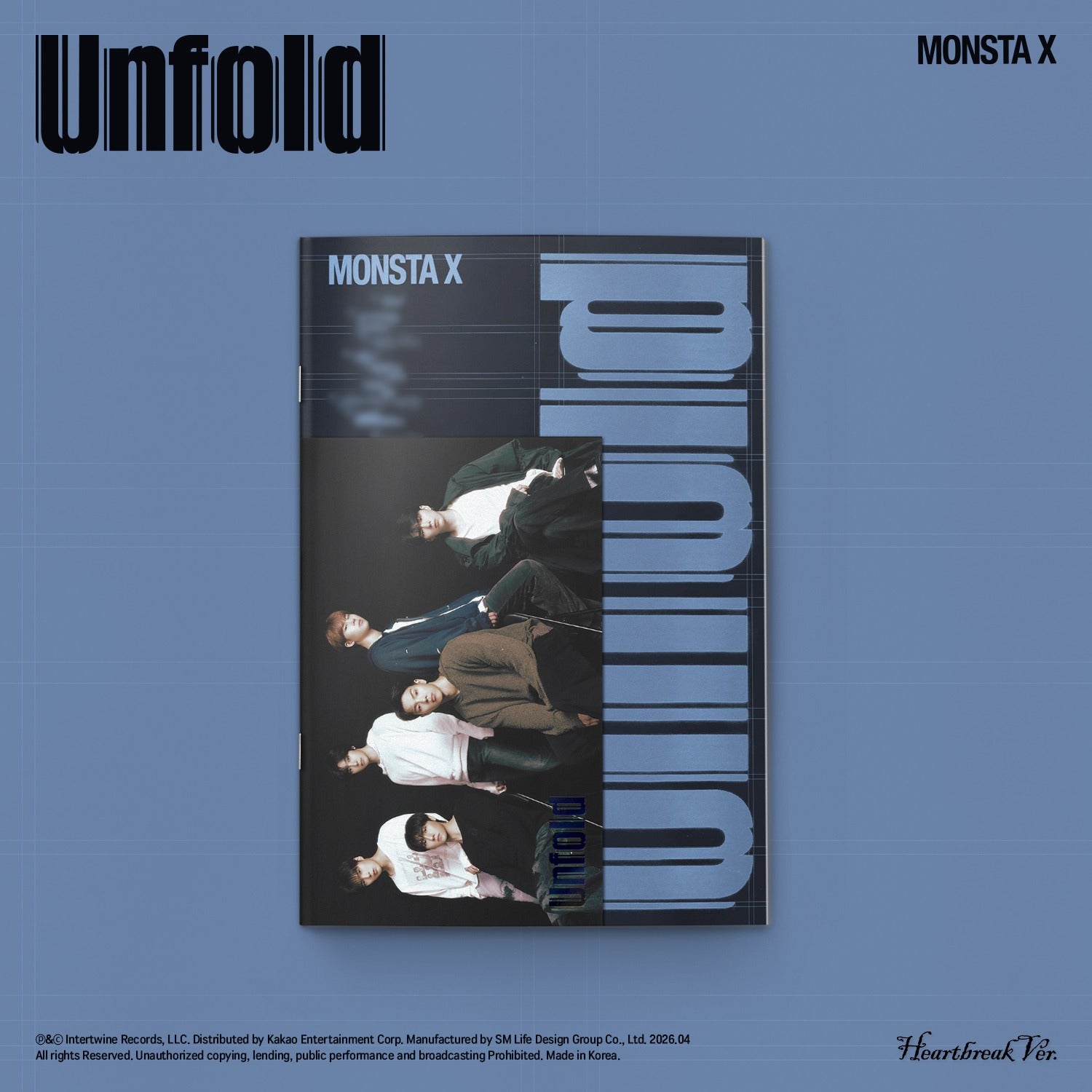 MONSTA X - [Unfold] Standard (Heartbreak Ver.) - Album Kpop, pochette illustrée sur fond bleu avec membres du groupe.