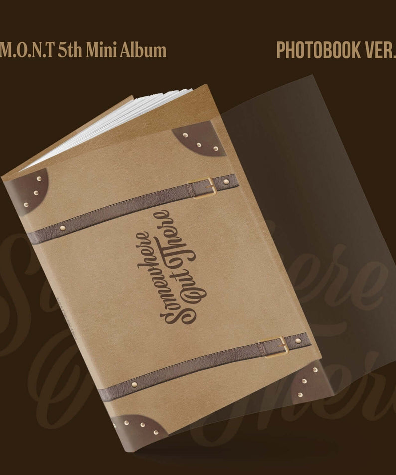 M.O.N.T - Somewhere Out There (PHOTOBOOK VER.) - Album Kpop, pochette photo beige sur fond brun, 5th mini album