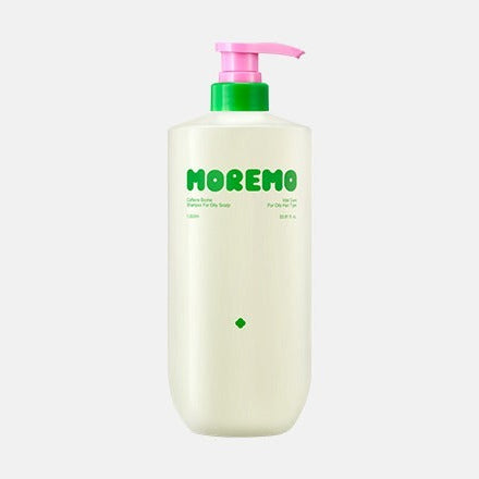 MOREMO Caffeine Biome Shampoo for Oily Skin 1000ml, flacon blanc pompe rose sur fond clair, branding MOREMO visible