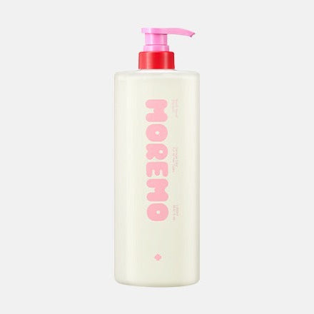 MOREMO Super Repair Shampoo 1000ml, flacon blanc à pompe rose, arrière-plan clair, produit de la marque MOREMO