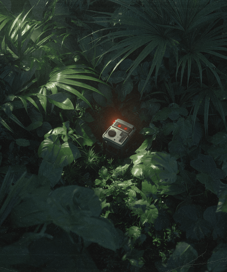 MOSSHILL - Album Kpop : jaquette dans une jungle luxuriante, boîtier audio rouge et vert, ambiance nocturne, marque MOSSHILL