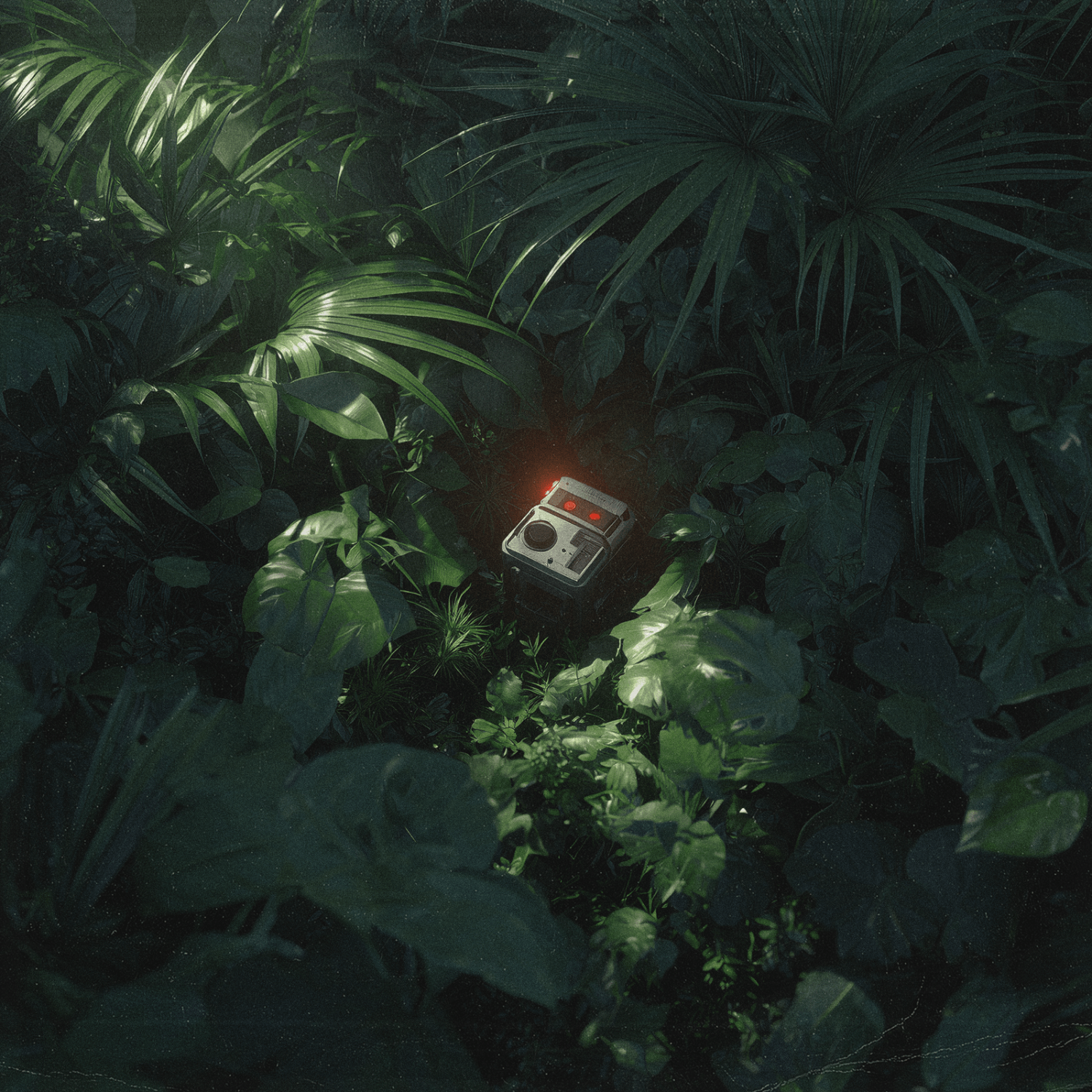 MOSSHILL - Album Kpop : jaquette dans une jungle luxuriante, boîtier audio rouge et vert, ambiance nocturne, marque MOSSHILL