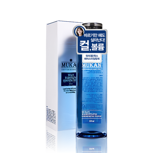 MUKAN Root Booster Ampoule 50ml de la marque MUKAN, flacon bleu sur fond blanc, contexte produit cosmétique.