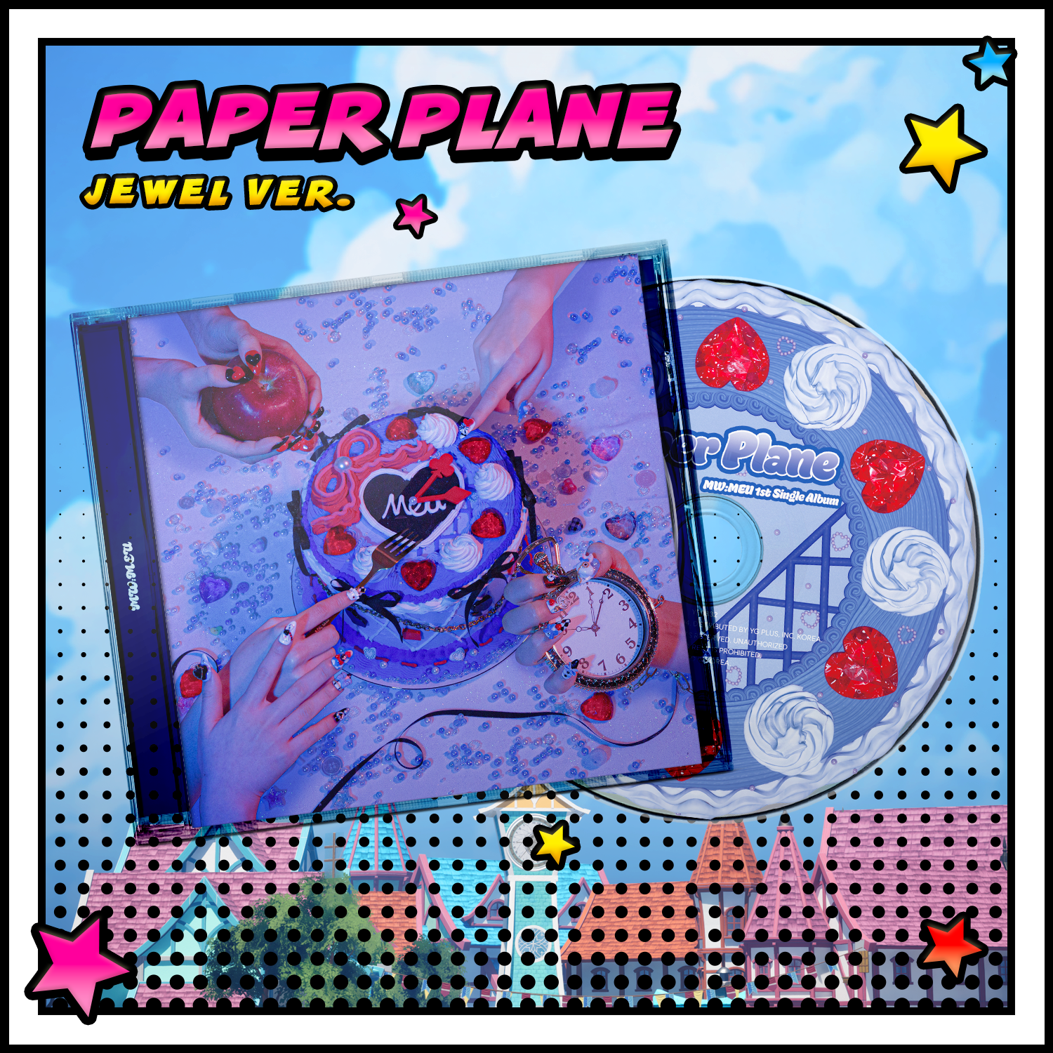 MW:MEU - [Paper Plane] (Jewel Ver.) - Album Kpop : pochette colorée avec planche et ciel bleu, marque MW:MEU
