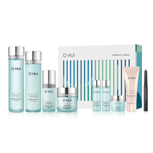 OHUI Miracle Aqua Set (Skin Softener, Emulsion, Essence, Gel Cream, Hyaluronic Water Patch) disponible sur Ma petite Coree, ton Eshop 100% K-beauty en direct de Seoul