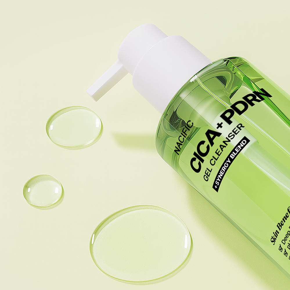 NACIFIC Cica PDRN Gel Cleanser 200ml de la marque NACIFIC, gel vert sur fond clair, flacon et gouttes, contexte visuel soin