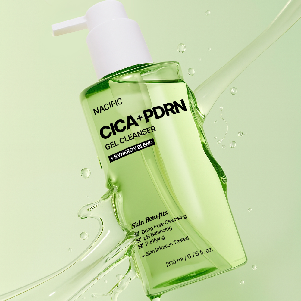 NACIFIC Cica PDRN Gel Cleanser 200ml : flacon vert sur fond vert avec gouttes d’eau, gel nettoyant Cica+PDRN.
