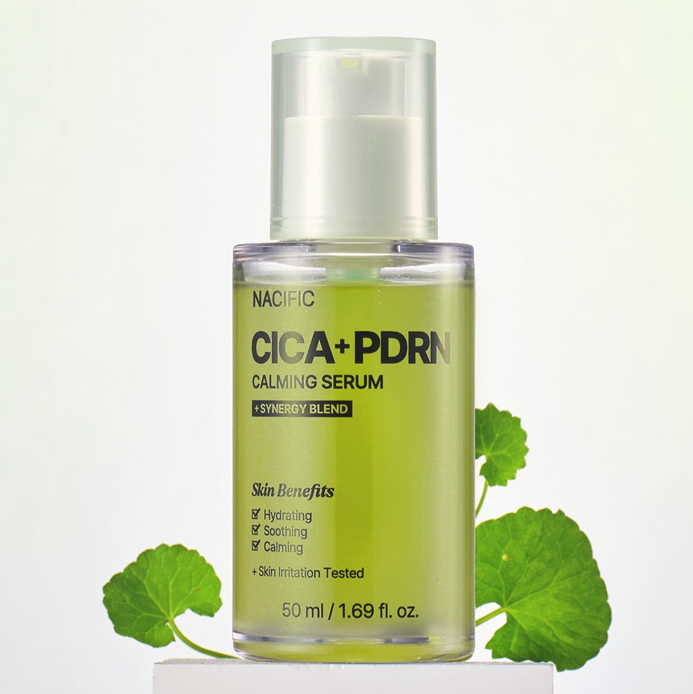 NACIFIC Fresh Cica PDRN Calming Serum 50ml : flacon vert avec feuilles de cica, fond clair, produit skincare.