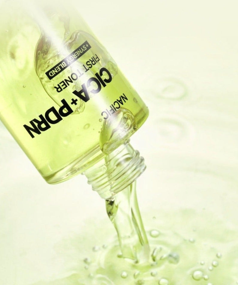 NACIFIC Fresh Cica PDRN First Toner 150ml, flacon de marque NACIFIC, texture de toner vert cica sur fond clair.