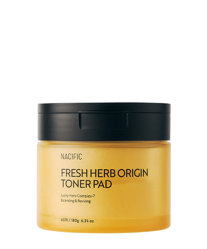 Pot de NACIFIC Fresh Herb Origin Toner Pads 60 sheets/180g, soin visage hydratant et équilibrant en pot jaune avec couvercle noir.