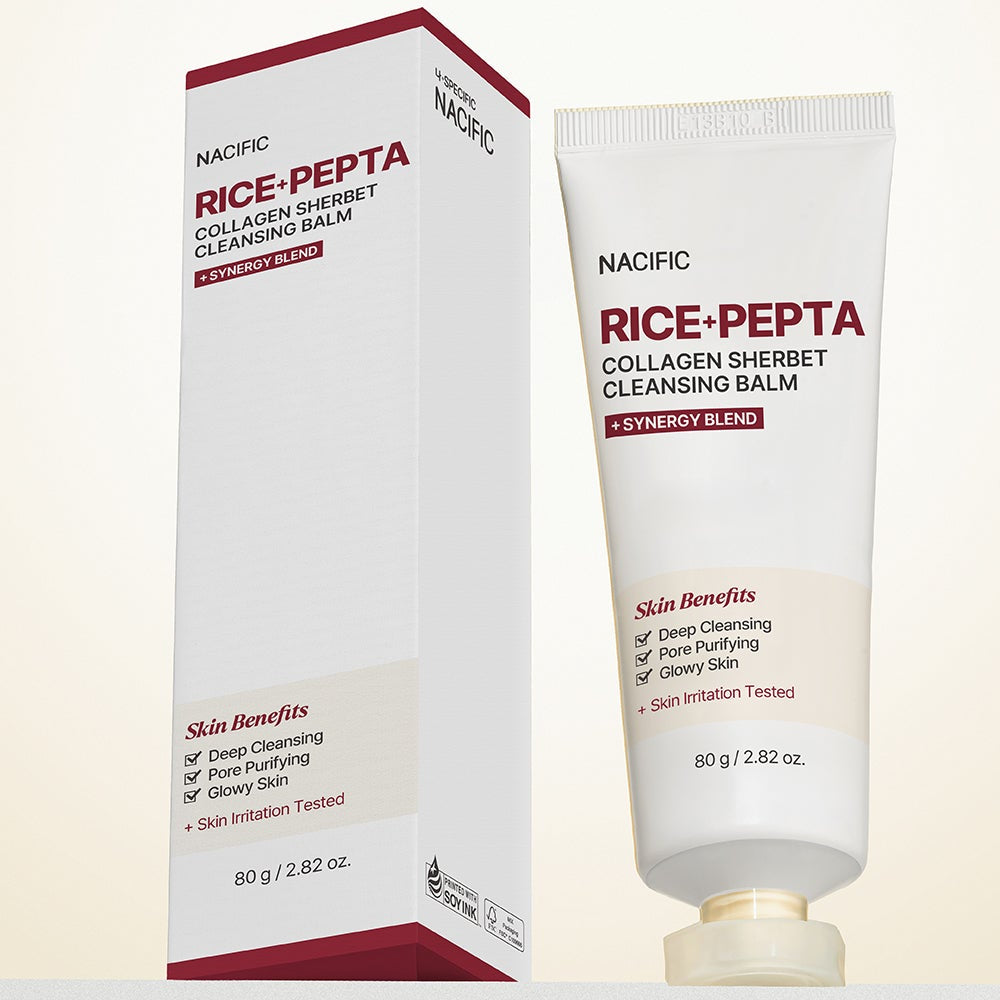 NACIFIC Rice Pepta Collagen Sherbet Cleansing Balm 80g : baume nettoyant en tube et étui, sur fond clair.
