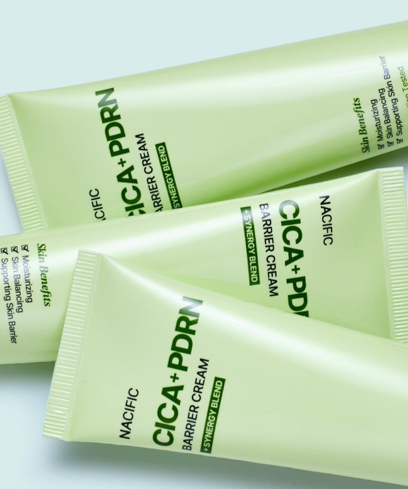Crème barrière NACIFIC Fresh Cica PDRN 50g hydratante et apaisante, tubes verts affichant le logo et les ingrédients visibles.